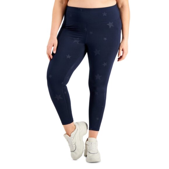 ID Ideology Womens Plus Size Embossed Star 7/8 Leggings Navy Stars 1X 6346 - Picture 1 of 3